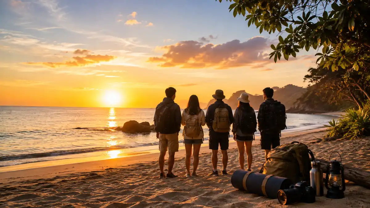 Rombongan kantor tiba di pantai sebelum momen matahari terbit