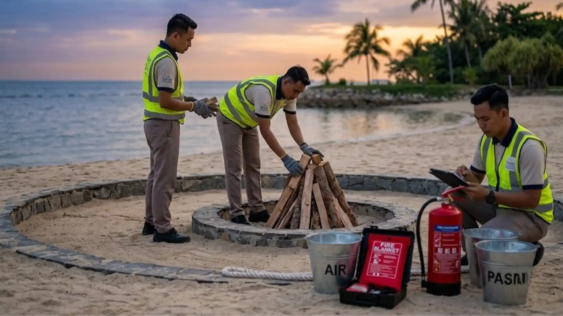 Persiapan fasilitas bonfire oleh vendor outbound pantai
