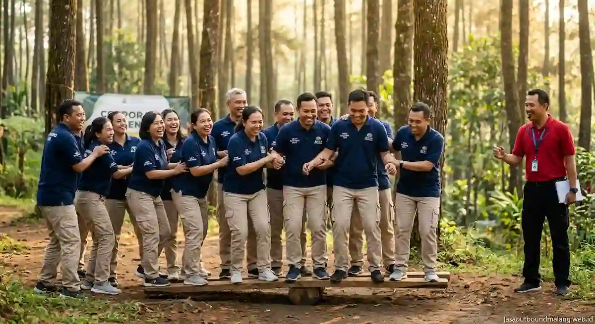 Peserta mengikuti permainan kelompok bersama fasilitator jasa outbound di Malang