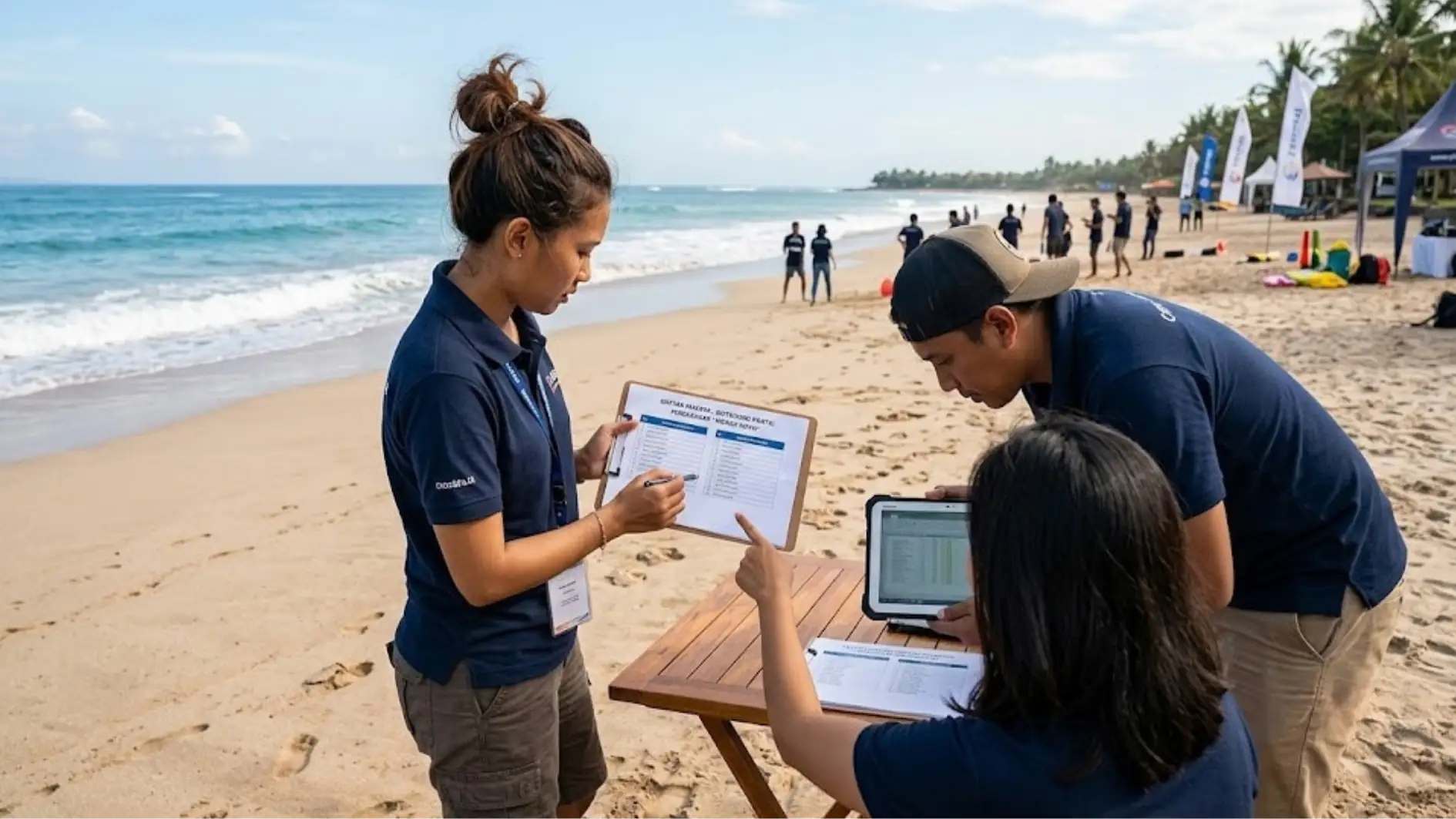 Panitia kantor mengoordinasikan daftar peserta outbound pantai