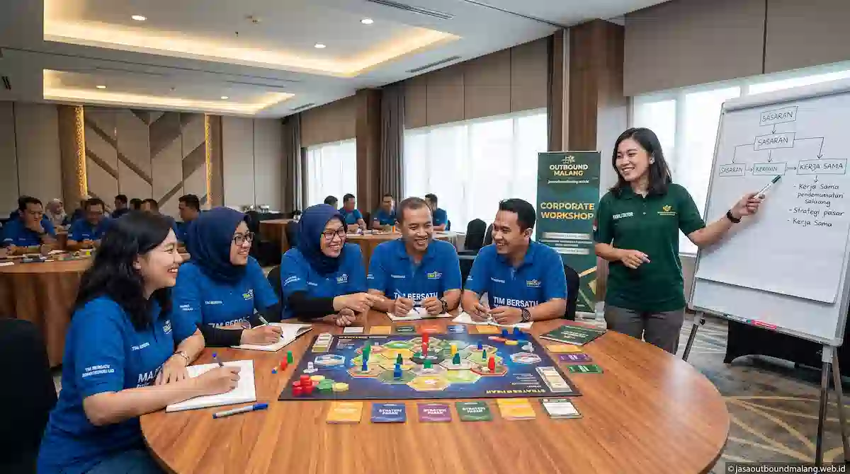 Peserta mengikuti permainan tim outbound indoor di ruang pertemuan