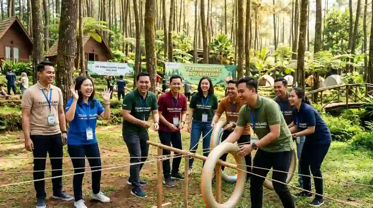 Karyawan baru bermain bersama rekan kerja dalam kegiatan outbound di Malang