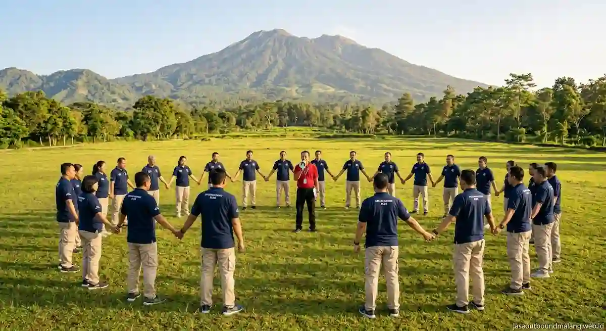Kegiatan outbound team building di area terbuka Batu, Malang